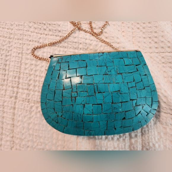 Ramla Handmade Turquoise Mosaic Floral Purse with Gold Chain Strap Southwestern - Picture 3 of 11
